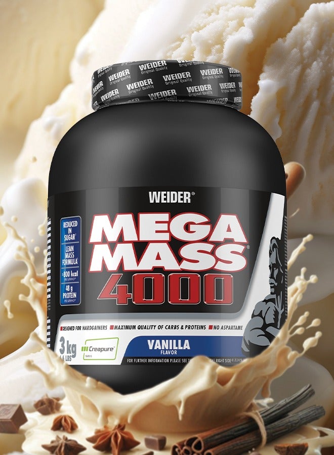 Mega Mass 4000 Weight Gainer Shake with Protein, Creapure Creatine Monohydrate, Complex Carbohydrates, Vitamins and Minerals - Muscle Building Shake, 3 kg (Vanilla)