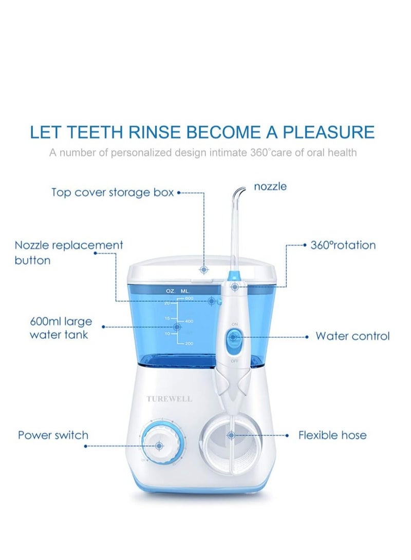 TUREWELL Water Flossing Oral Irrigator, 600ML Dental Cleaner 10 Adjustable Pressure, Electric Oral Flosser for Teeth/Braces, 8 Water Jet Tips for Family (White)