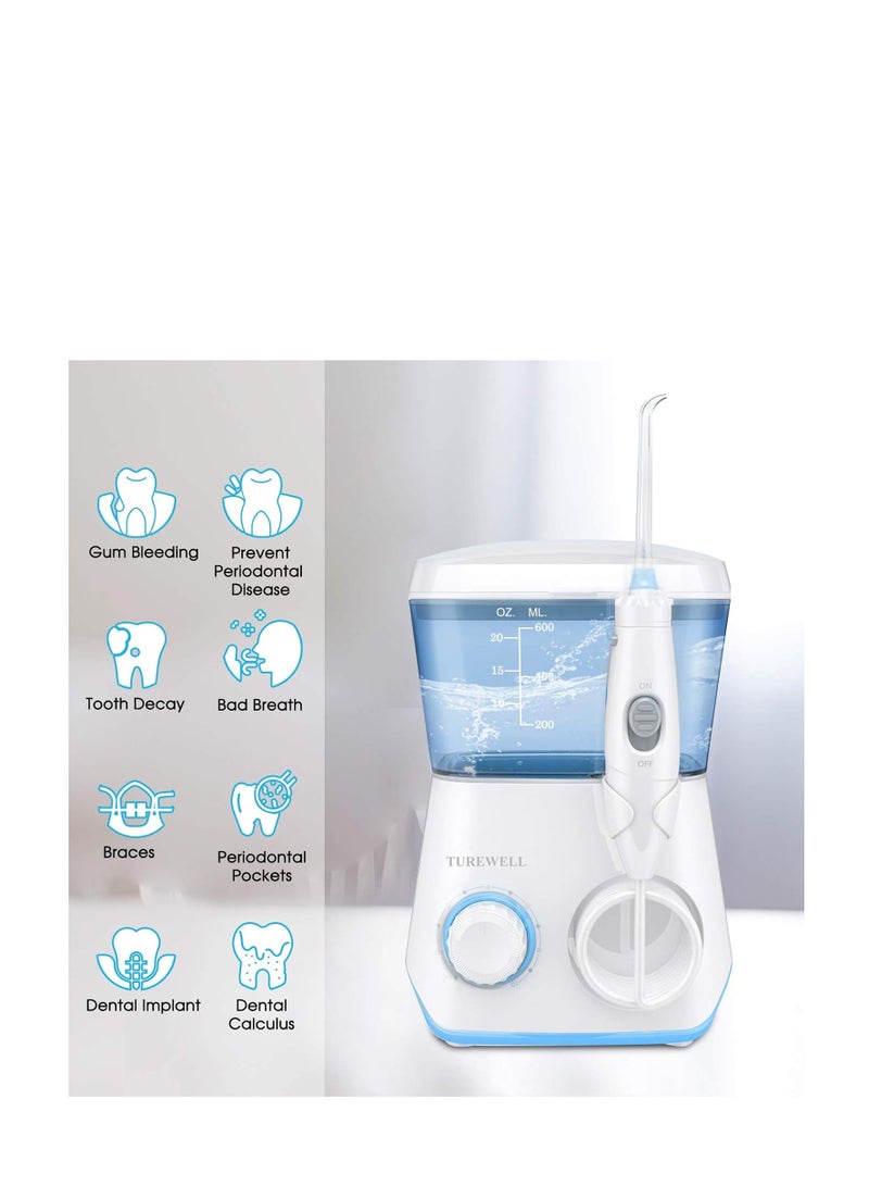 TUREWELL Water Flossing Oral Irrigator, 600ML Dental Cleaner 10 Adjustable Pressure, Electric Oral Flosser for Teeth/Braces, 8 Water Jet Tips for Family (White)