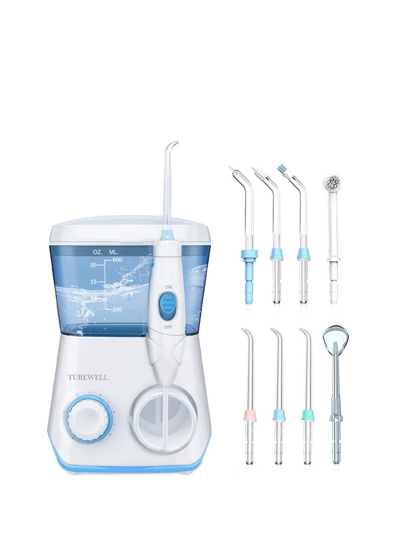 TUREWELL Water Flossing Oral Irrigator, 600ML Dental Cleaner 10 Adjustable Pressure, Electric Oral Flosser for Teeth/Braces, 8 Water Jet Tips for Family (White)