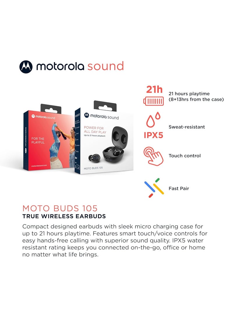 Moto Buds 105 Black - True Wireless Bluetooth Earbuds with Touch & Voice Controls and Fast pair - 21HR Playtime, IPX5 Water-Resistant, Lightweight ergonomic design, ENC mic Jet Black
