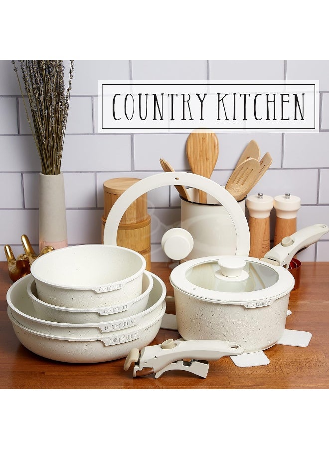 Country Kitchen  13 Piece Pots And Pans Set - Safe Nonstick Cookware Set Detachable Handle, Kitchen Cookware With Removable Handle, Rv Cookware Set, Oven Safe (Cream)