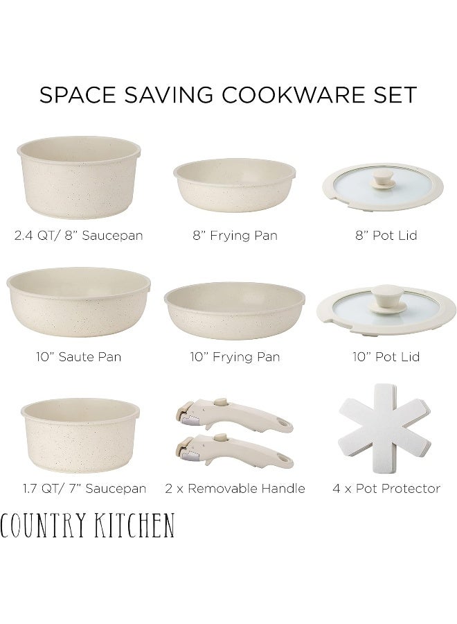 Country Kitchen  13 Piece Pots And Pans Set - Safe Nonstick Cookware Set Detachable Handle, Kitchen Cookware With Removable Handle, Rv Cookware Set, Oven Safe (Cream)