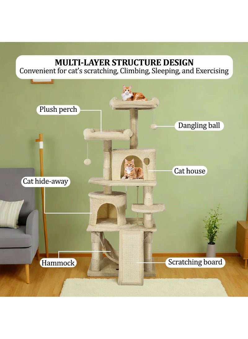 Cat tree tower with Soft plush perch, Dangling balls, Multiple cat condos, Scratching board, and Cozy hammock, Multi-level cat tree activity center for indoor cats and kittens 145 cm (Beige)