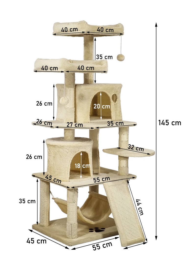 Cat tree tower with Soft plush perch, Dangling balls, Multiple cat condos, Scratching board, and Cozy hammock, Multi-level cat tree activity center for indoor cats and kittens 145 cm (Beige)