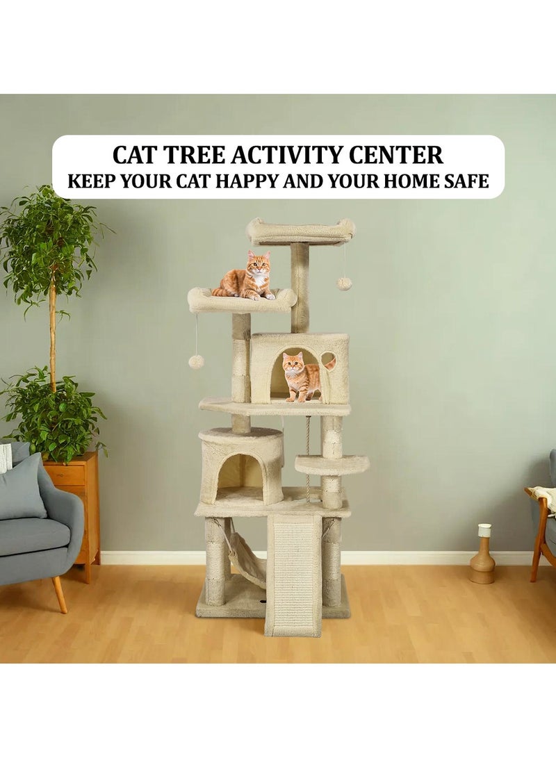 Cat tree tower with Soft plush perch, Dangling balls, Multiple cat condos, Scratching board, and Cozy hammock, Multi-level cat tree activity center for indoor cats and kittens 145 cm (Beige)