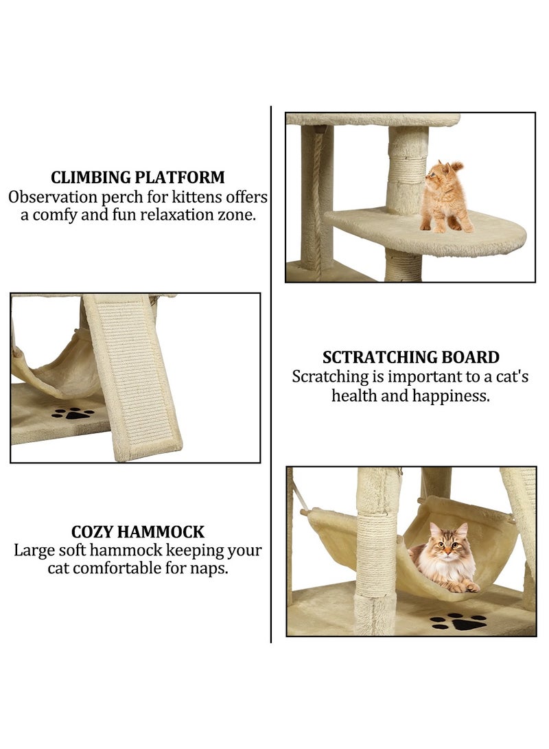 Cat tree tower with Soft plush perch, Dangling balls, Multiple cat condos, Scratching board, and Cozy hammock, Multi-level cat tree activity center for indoor cats and kittens 145 cm (Beige)