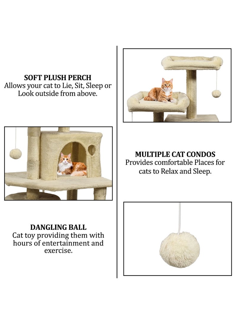 Cat tree tower with Soft plush perch, Dangling balls, Multiple cat condos, Scratching board, and Cozy hammock, Multi-level cat tree activity center for indoor cats and kittens 145 cm (Beige)