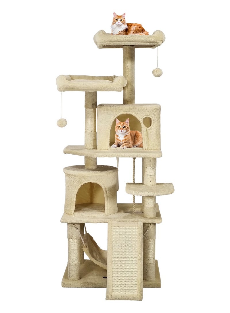 Cat tree tower with Soft plush perch, Dangling balls, Multiple cat condos, Scratching board, and Cozy hammock, Multi-level cat tree activity center for indoor cats and kittens 145 cm (Beige)