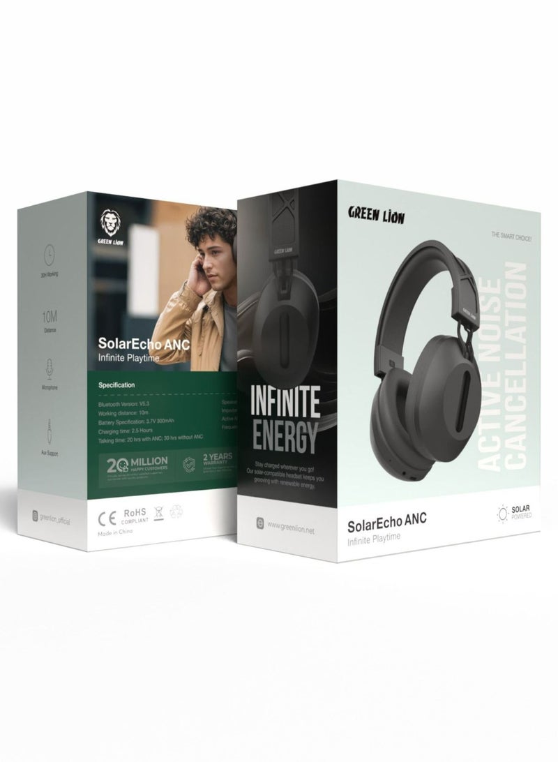 Solar Echo ANC Infinite Playtime Headphones | Solar Powered|Bluetooth Version V5.3 | 22db Active Noise Cancelling| 2.5 Hours Charging Time- Black