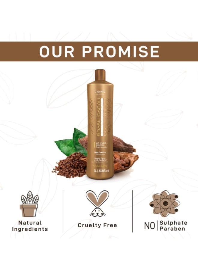 Brasil Cacau Smoothing Protein Set 1000ml x 3 – Complete Anti-Frizz Keratin Treatment with Anti-Residue Shampoo, Smoothing Protein & Deep Conditioning Mask