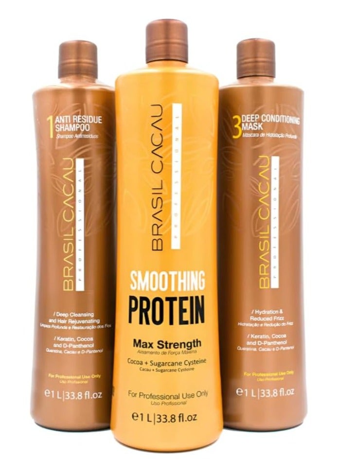 Brasil Cacau Smoothing Protein Set 1000ml x 3 – Complete Anti-Frizz Keratin Treatment with Anti-Residue Shampoo, Smoothing Protein & Deep Conditioning Mask