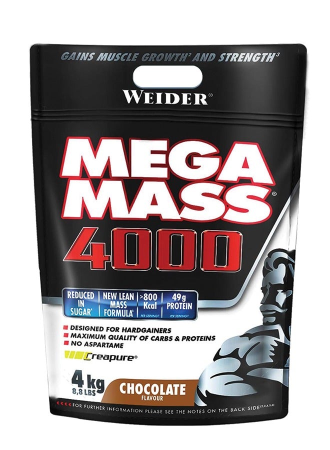 Mega Mass 4000 - 4kg Chocolate, 49g Protein, 800 Kcal, High-Calorie Mass Gainer for Muscle Growth