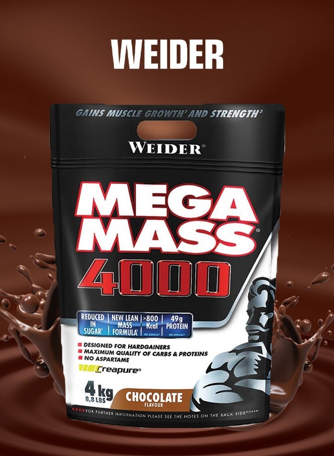 Mega Mass 4000 - 4kg Chocolate, 49g Protein, 800 Kcal, High-Calorie Mass Gainer for Muscle Growth