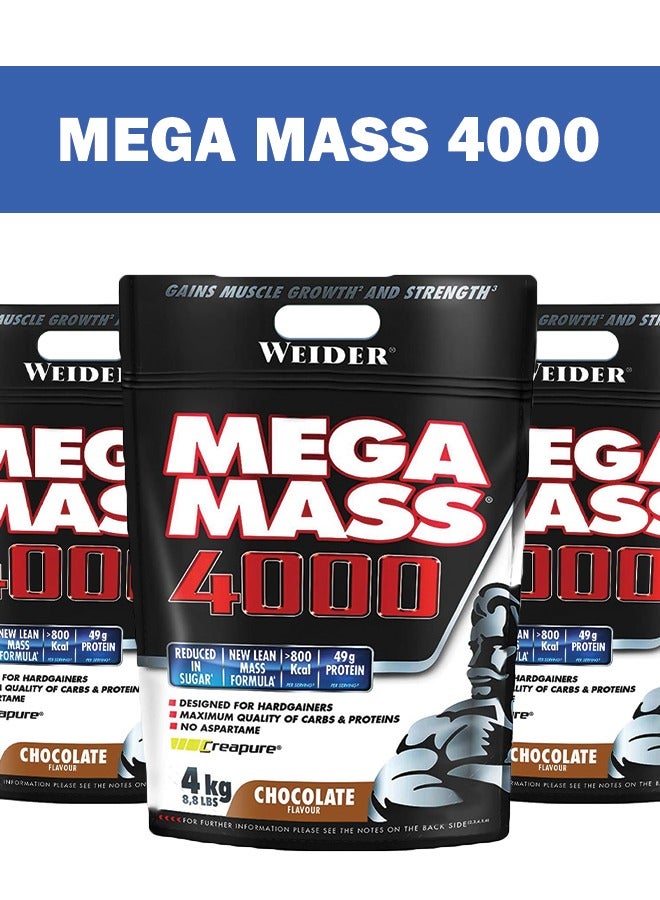 Mega Mass 4000 - 4kg Chocolate, 49g Protein, 800 Kcal, High-Calorie Mass Gainer for Muscle Growth