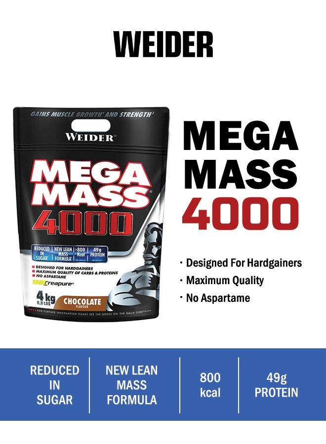 Mega Mass 4000 - 4kg Chocolate, 49g Protein, 800 Kcal, High-Calorie Mass Gainer for Muscle Growth