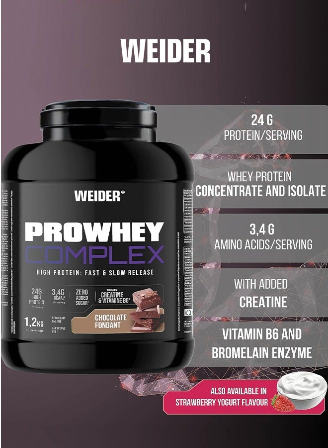 Prowhey Complex (1,2kg) Chocolate-fondant Flavour With 3,4g Bcaa/serving, Creatine, L-glutamine, Mcts, Vitamin B6, Bromelain