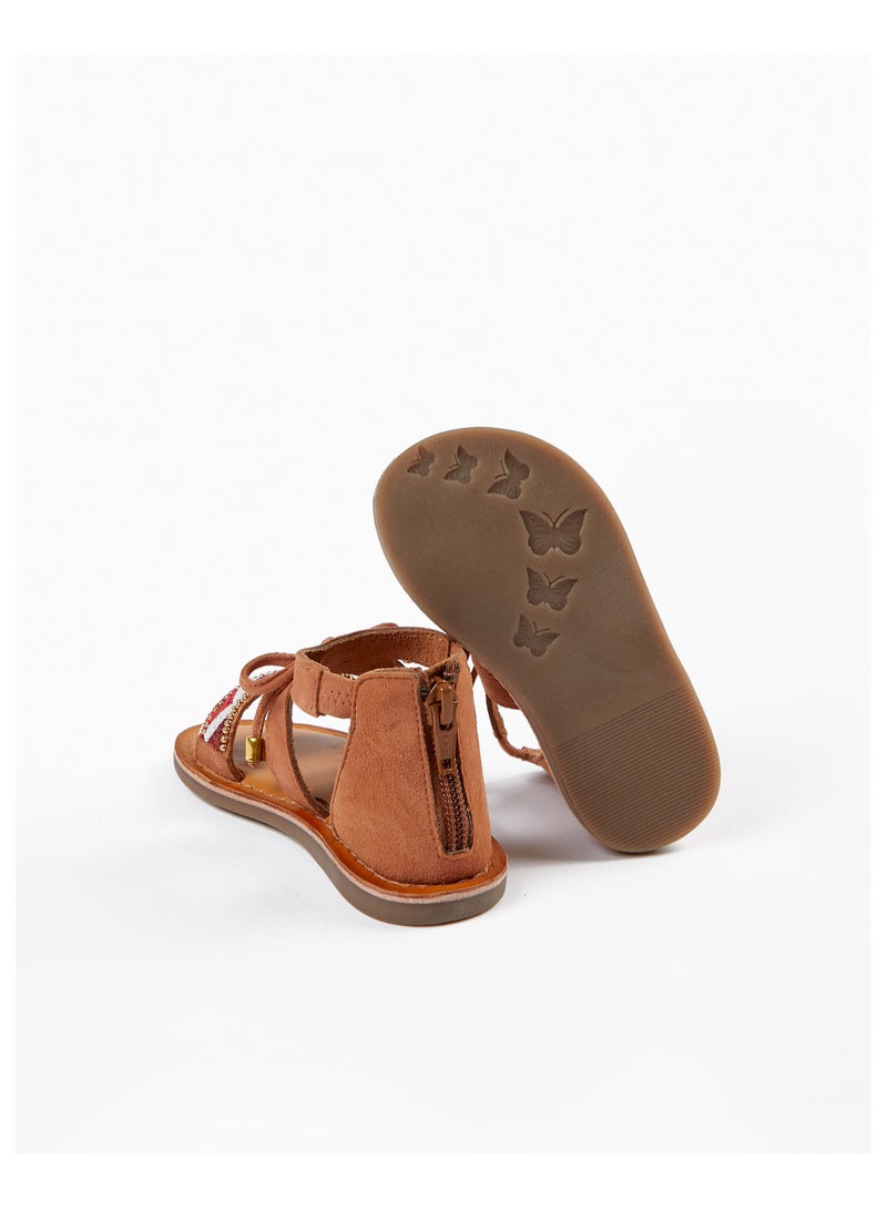 Beaded Leather Sandals for Baby Girls, Camel