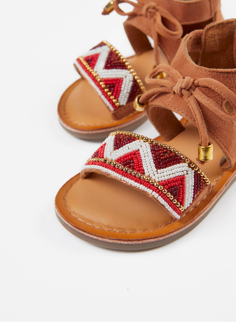 Beaded Leather Sandals for Baby Girls, Camel