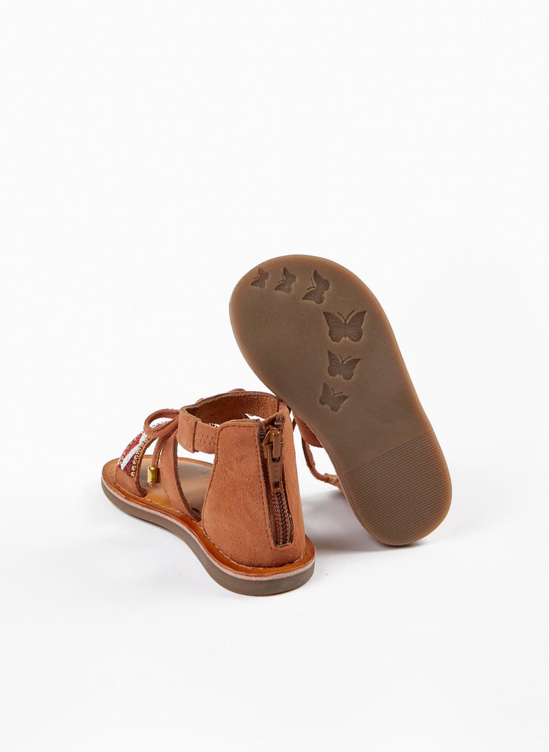 Beaded Leather Sandals for Baby Girls, Camel