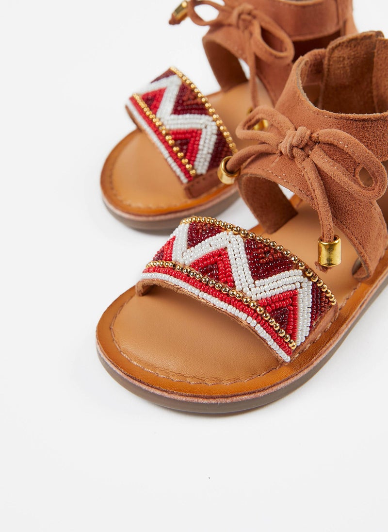 Beaded Leather Sandals for Baby Girls, Camel