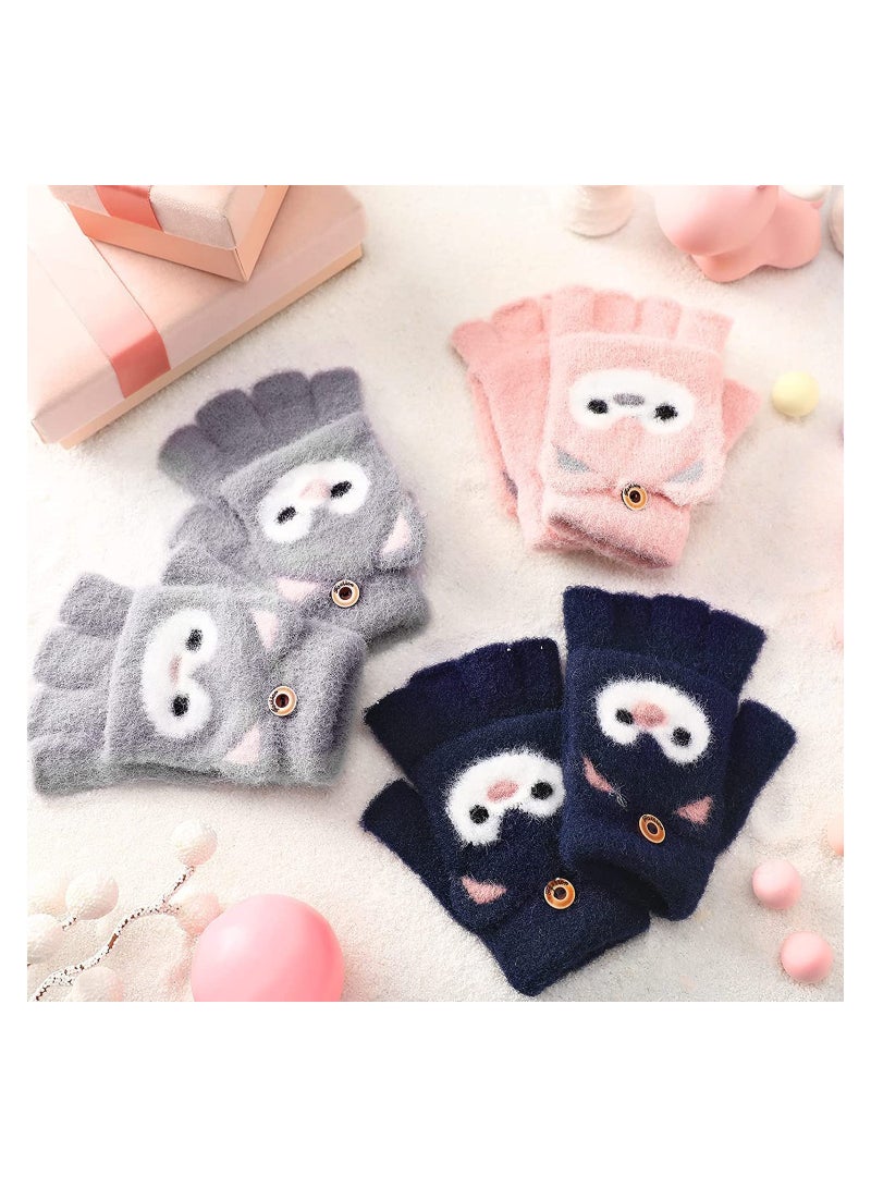 3 Pairs Kids Fingerless Gloves Convertible Flip Top Gloves Winter Warm Knit Half Finger Mitten for Kids Boy Girls 5 10 Years