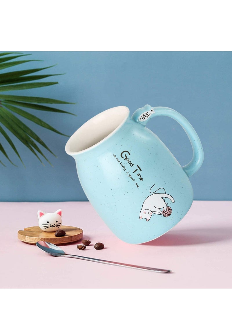 Cat Mug C ute Ceramic Coffee Cup with Lovely Kitty wooden lid Stainless Steel Spoon, Novelty Morning Cup Tea Milk C hristmas Mug, Tea Water Milk Mugs for Home Office Drinkware Gift 330MLBlue