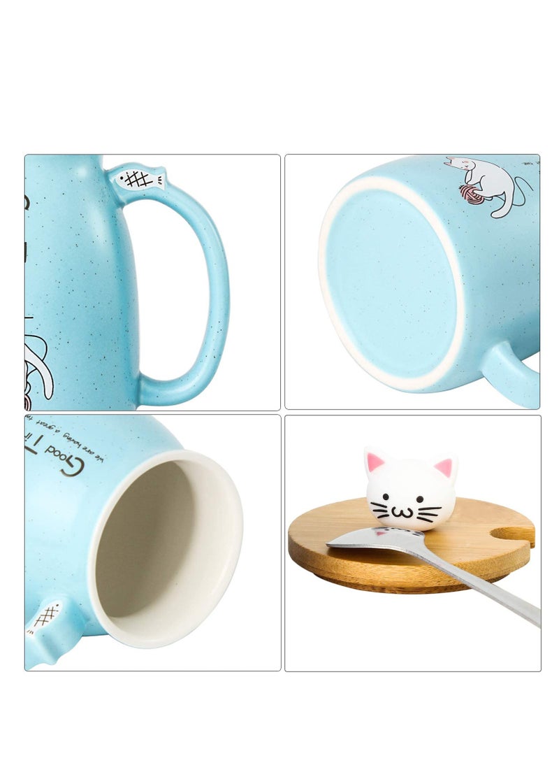 Cat Mug C ute Ceramic Coffee Cup with Lovely Kitty wooden lid Stainless Steel Spoon, Novelty Morning Cup Tea Milk C hristmas Mug, Tea Water Milk Mugs for Home Office Drinkware Gift 330MLBlue