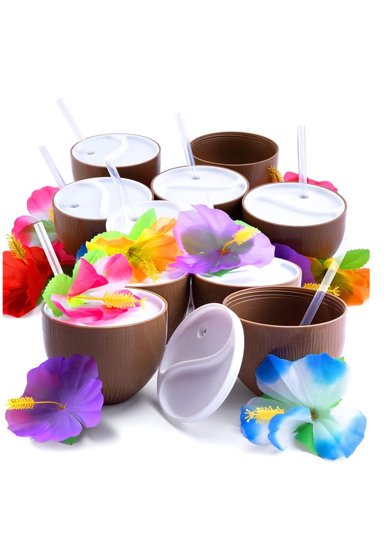 Coconut Cups with Hibiscus Straws, 10PCS Tropical Coconut Drink Cups Kids Cups Spill Proof for Hawaiian Luau Tiki Beach Summer Party Decoration Cups