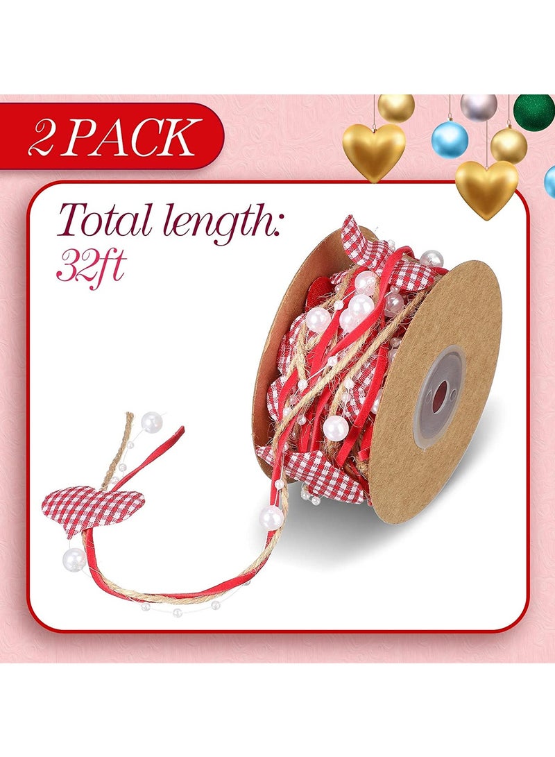 2 Rolls Valen tines Wired Ribbon Faux Wired Pearl Garland Heart Bead Valen tine Day Ribbon Heart Garland Wreath Artificial Bead Pearl Ribbon Wedding Party Decor 11 Yard