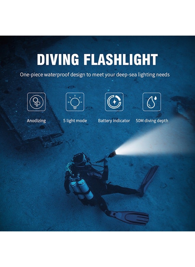 Professional 50m Diving Flashlight - High-Intensity, Long Battery Life, Waterproof,(Flashlight + 26650 lithium battery + USB charger)