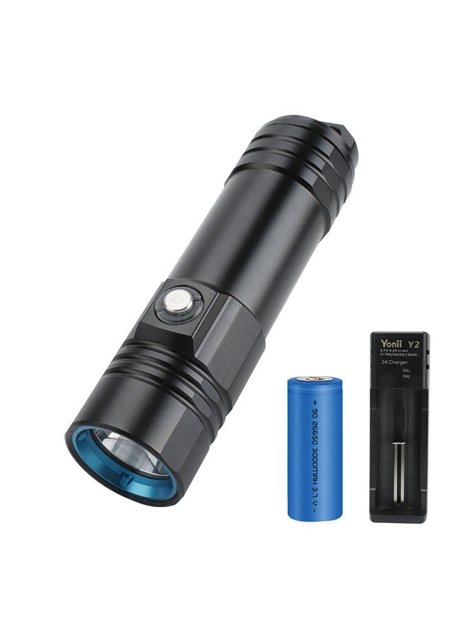 Professional 50m Diving Flashlight - High-Intensity, Long Battery Life, Waterproof,(Flashlight + 26650 lithium battery + USB charger)