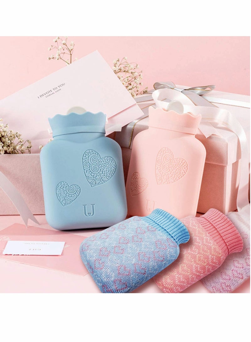 Hot Water Bottle Bag with Knit Cover for Microwave Heating Silicone Hot  Cold Therapies Back Pain   Gift for gi rlfri en d Mather Valen tine's Day Gift Exchange Party Blue   Short1