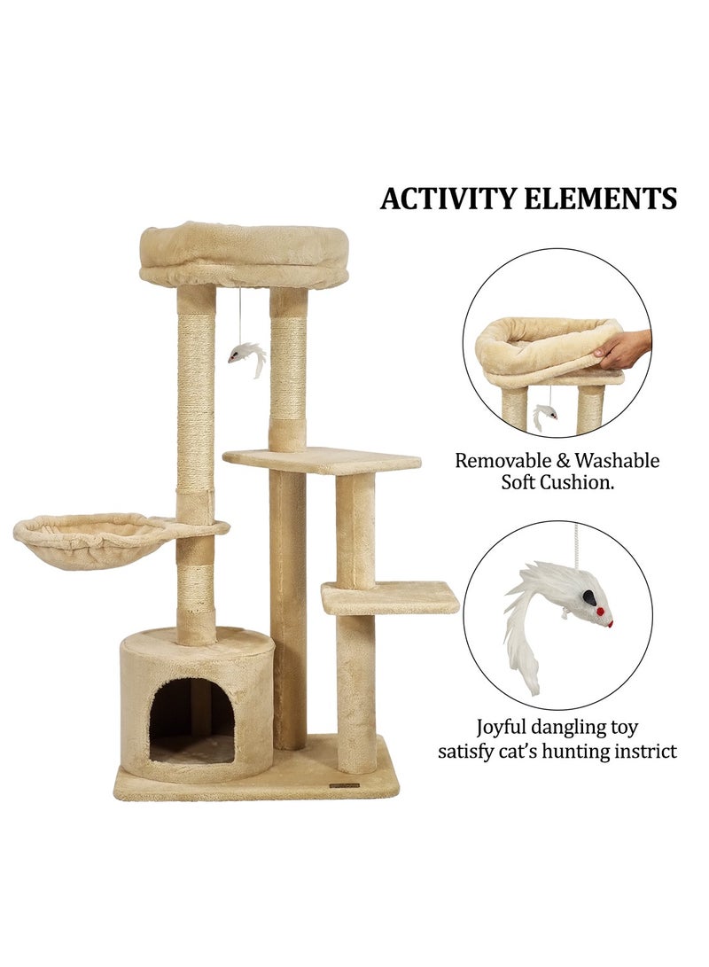 Cat tree tower for Indoor cats and Kittens, Multi-level furniture with Plush Perch, Scratching Post, Cat toys, Hammock, and Cozy condo, Cat tree activity center 108 cm (Beige)