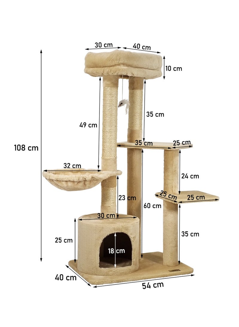 Cat tree tower for Indoor cats and Kittens, Multi-level furniture with Plush Perch, Scratching Post, Cat toys, Hammock, and Cozy condo, Cat tree activity center 108 cm (Beige)