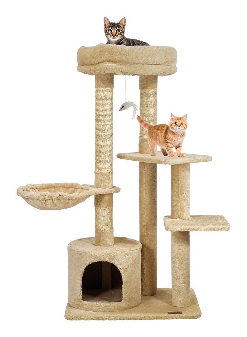 Cat tree tower for Indoor cats and Kittens, Multi-level furniture with Plush Perch, Scratching Post, Cat toys, Hammock, and Cozy condo, Cat tree activity center 108 cm (Beige)