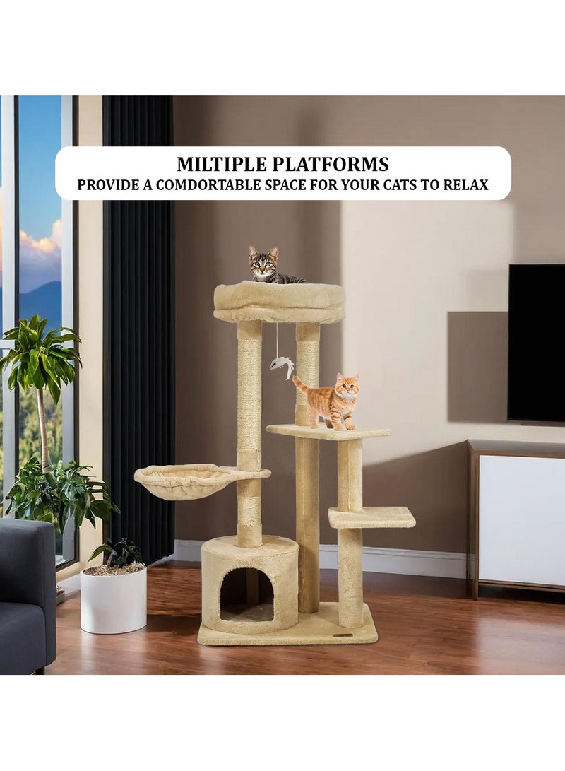 Cat tree tower for Indoor cats and Kittens, Multi-level furniture with Plush Perch, Scratching Post, Cat toys, Hammock, and Cozy condo, Cat tree activity center 108 cm (Beige)