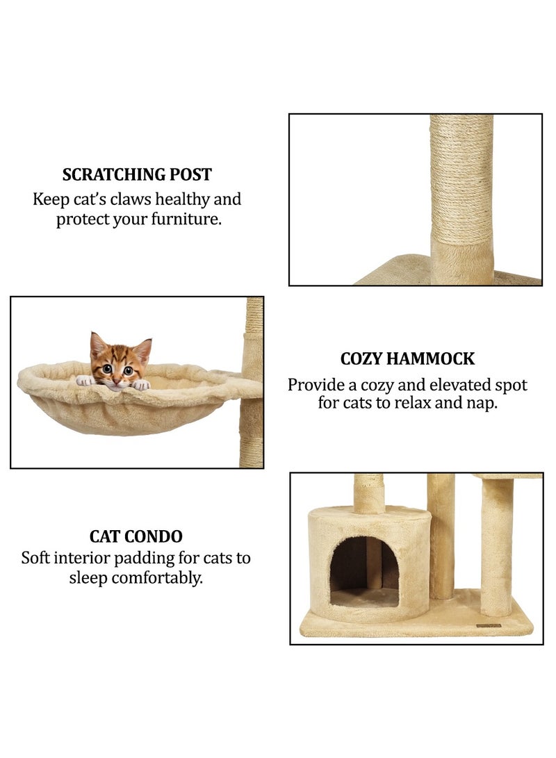 Cat tree tower for Indoor cats and Kittens, Multi-level furniture with Plush Perch, Scratching Post, Cat toys, Hammock, and Cozy condo, Cat tree activity center 108 cm (Beige)