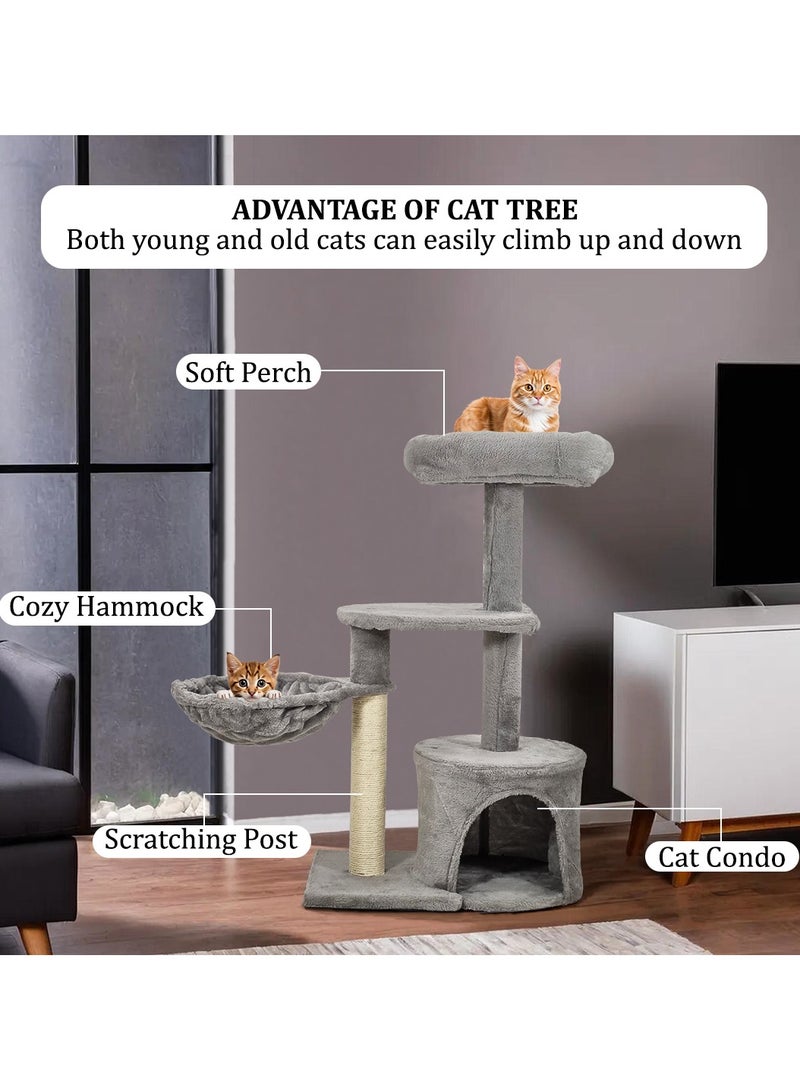 Cat tree tower with Plush perch, Cozy hammock, Sisal scratching post, and Cat condo, Cat tree furniture activity center for indoor cats, Cat climbing tower 84 cm (Grey)