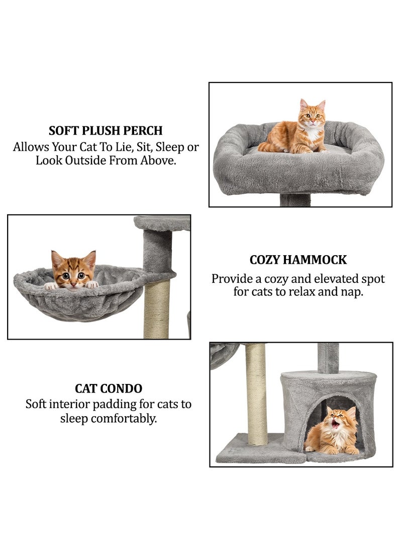 Cat tree tower with Plush perch, Cozy hammock, Sisal scratching post, and Cat condo, Cat tree furniture activity center for indoor cats, Cat climbing tower 84 cm (Grey)