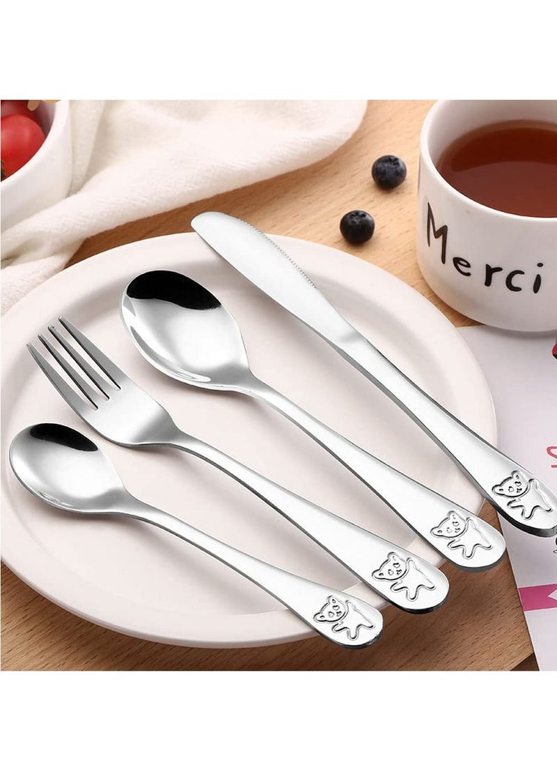 Kids Silverware Stainless Steel Kids Forks and Spoons, Children's Safe Flatware Set, Toddler Utensils, Metal Cutlery Set for Lunchbox Engraved Bear 1 knife + 1 fork + 2 spoons