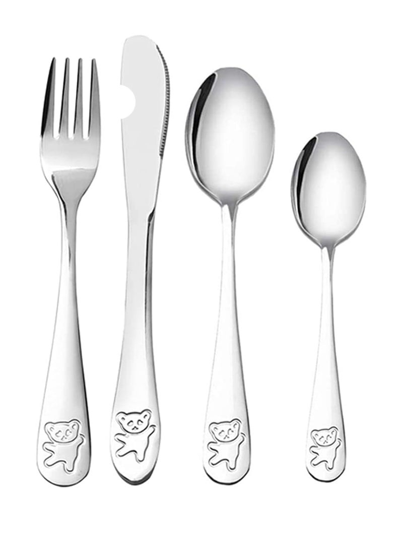 Kids Silverware Stainless Steel Kids Forks and Spoons, Children's Safe Flatware Set, Toddler Utensils, Metal Cutlery Set for Lunchbox Engraved Bear 1 knife + 1 fork + 2 spoons