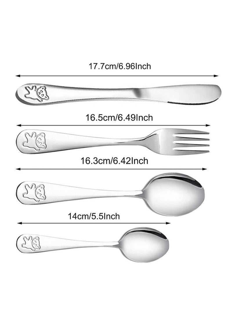 Kids Silverware Stainless Steel Kids Forks and Spoons, Children's Safe Flatware Set, Toddler Utensils, Metal Cutlery Set for Lunchbox Engraved Bear 1 knife + 1 fork + 2 spoons