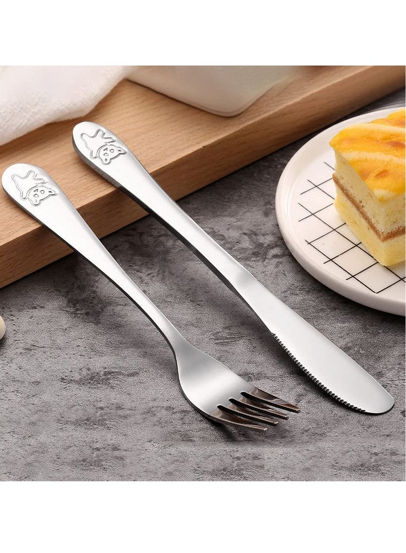 Kids Silverware Stainless Steel Kids Forks and Spoons, Children's Safe Flatware Set, Toddler Utensils, Metal Cutlery Set for Lunchbox Engraved Bear 1 knife + 1 fork + 2 spoons