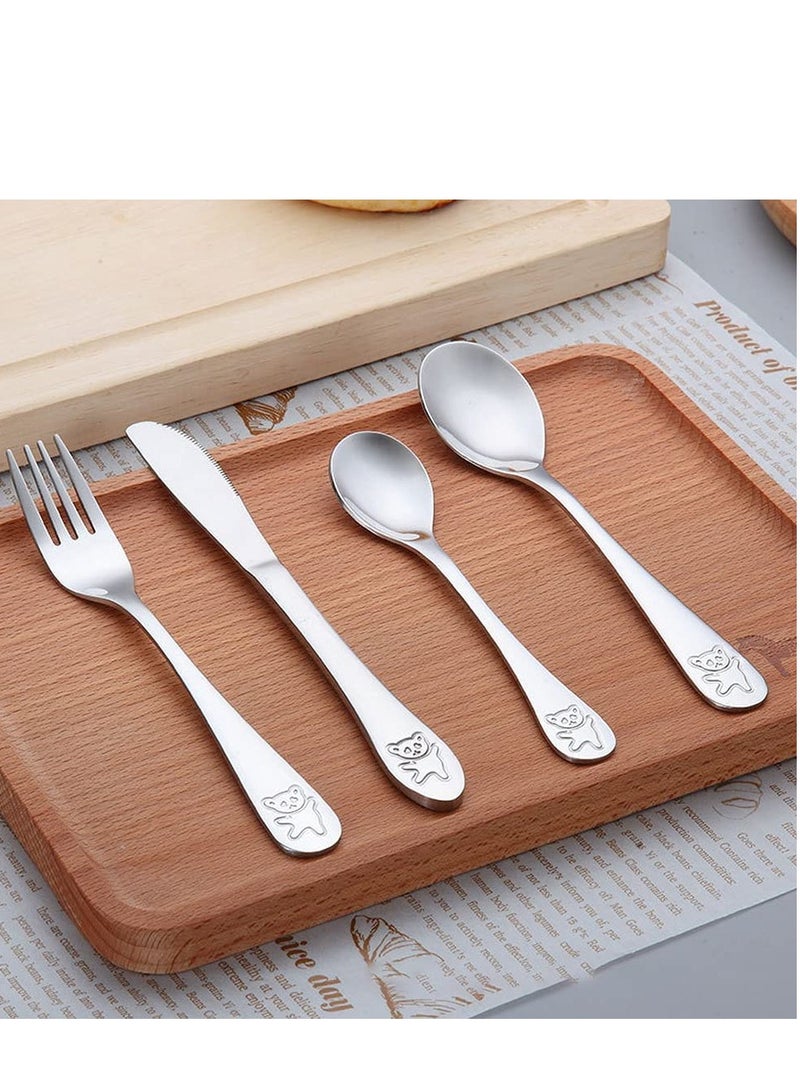 Kids Silverware Stainless Steel Kids Forks and Spoons, Children's Safe Flatware Set, Toddler Utensils, Metal Cutlery Set for Lunchbox Engraved Bear 1 knife + 1 fork + 2 spoons