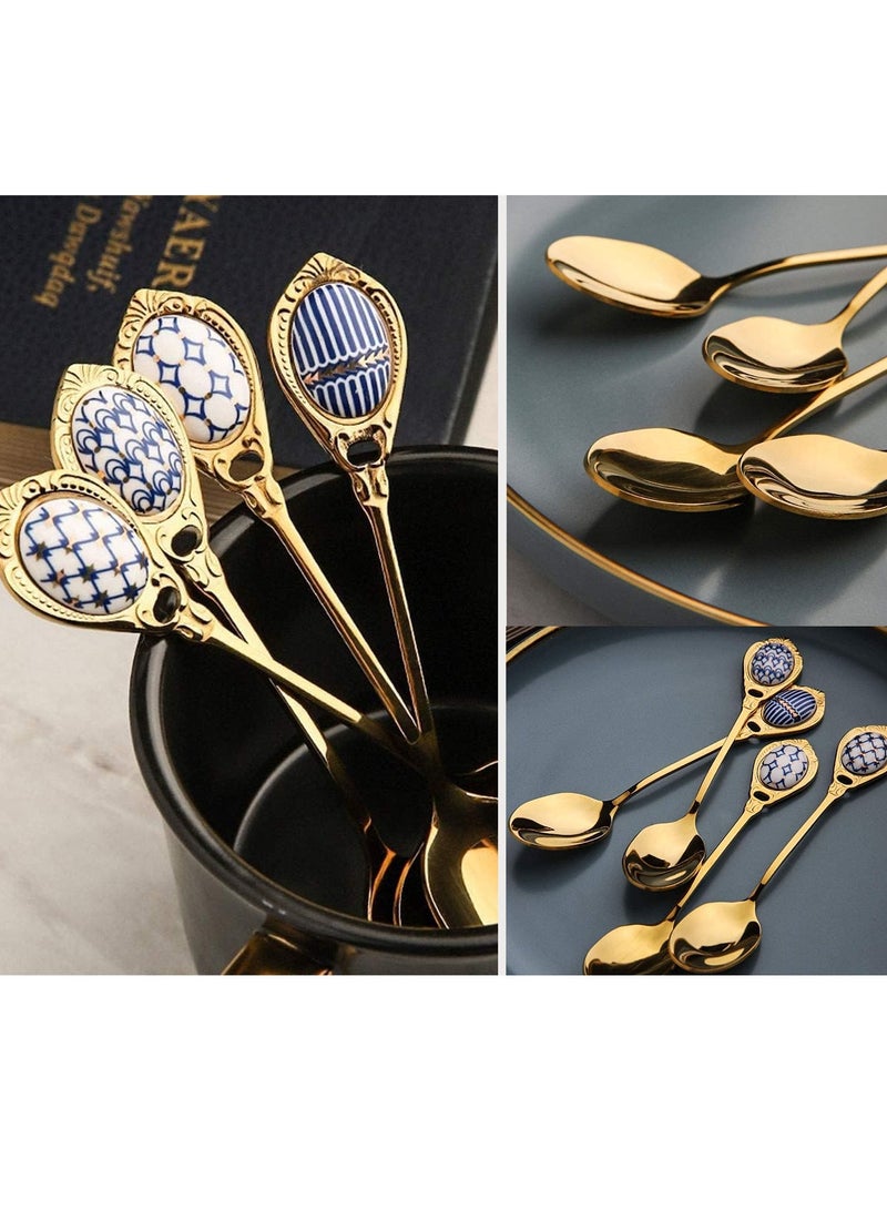 Small Spoons Dessert Spoons Tiny Spoon Light Luxury Stainless Steel Golden Coffee Spoon Mixing Spoons with Ceramic Handle Stainless Steel Scoop Spoons Spoon Set Teaspoon Spoon Soup Spoon