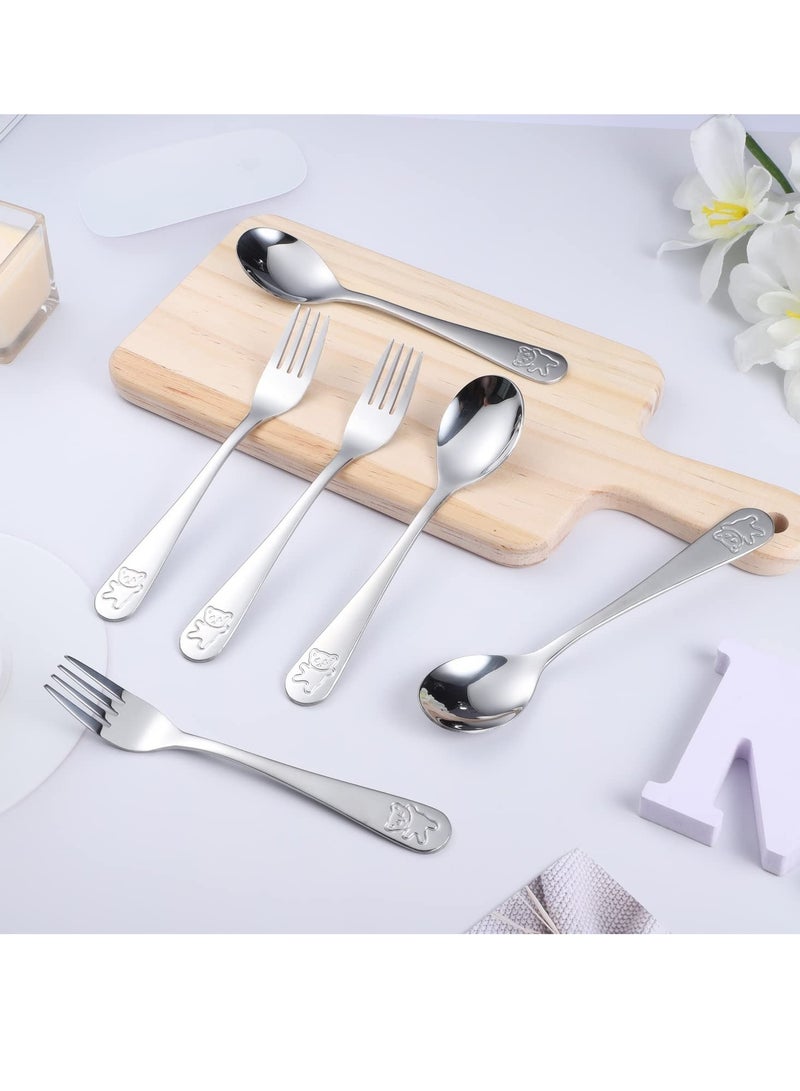 6 PCS Portable Utensils, Kids Silverware Stainless Steel Children's Safe Flatware Little Bear Child Spoon, Fork Toddler Utensils Metal Cutlery Set, 3 x Safe Forks, 3 x Children Tablespoons