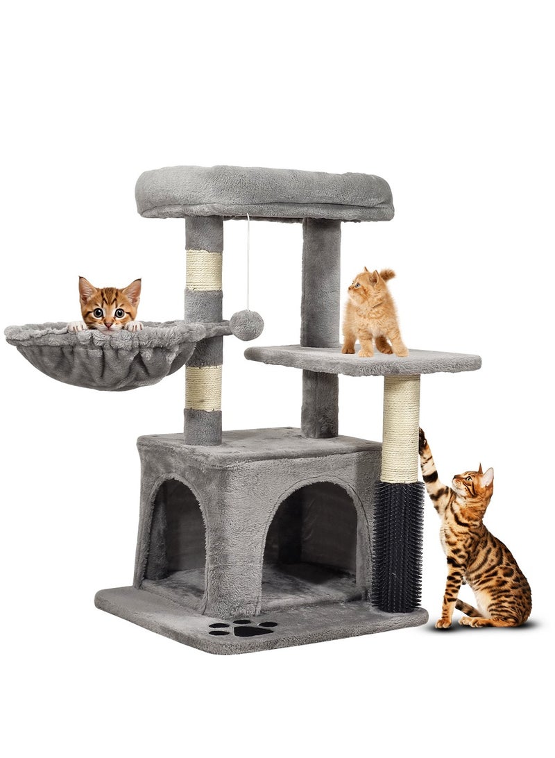 Cat tree tower for small indoor cats, Cat tree scratching post with cat self-groomer brush, Plush perch, Cozy hammock, Hanging ball, and Double-entrance cat condo 78 cm (Grey)