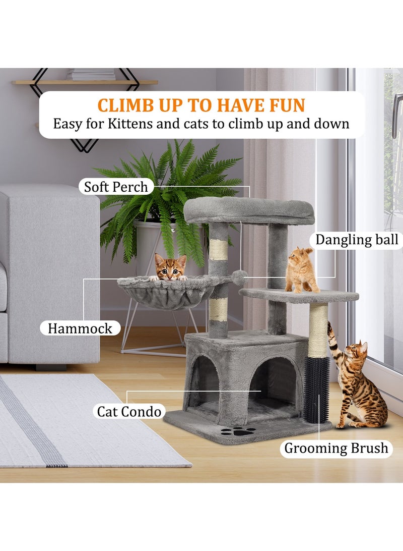 Cat tree tower for small indoor cats, Cat tree scratching post with cat self-groomer brush, Plush perch, Cozy hammock, Hanging ball, and Double-entrance cat condo 78 cm (Grey)