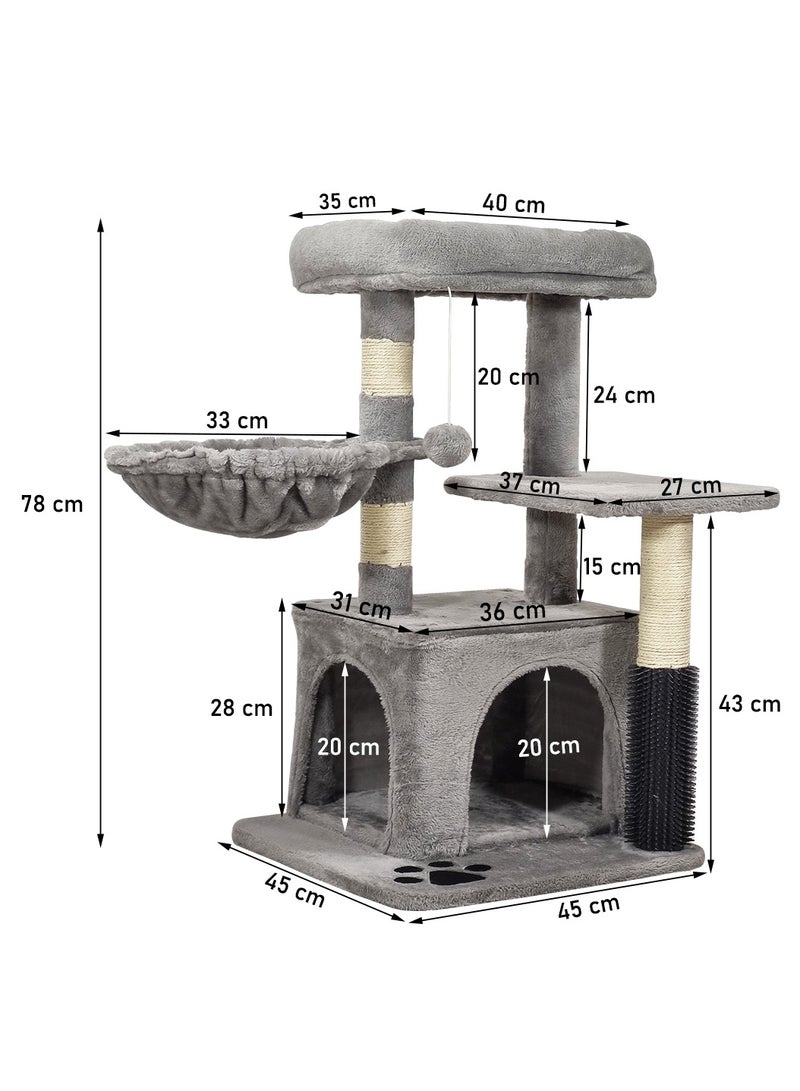Cat tree tower for small indoor cats, Cat tree scratching post with cat self-groomer brush, Plush perch, Cozy hammock, Hanging ball, and Double-entrance cat condo 78 cm (Grey)